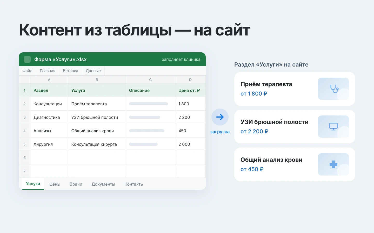 Схема наполнения сайта из формы в формате xlsx
