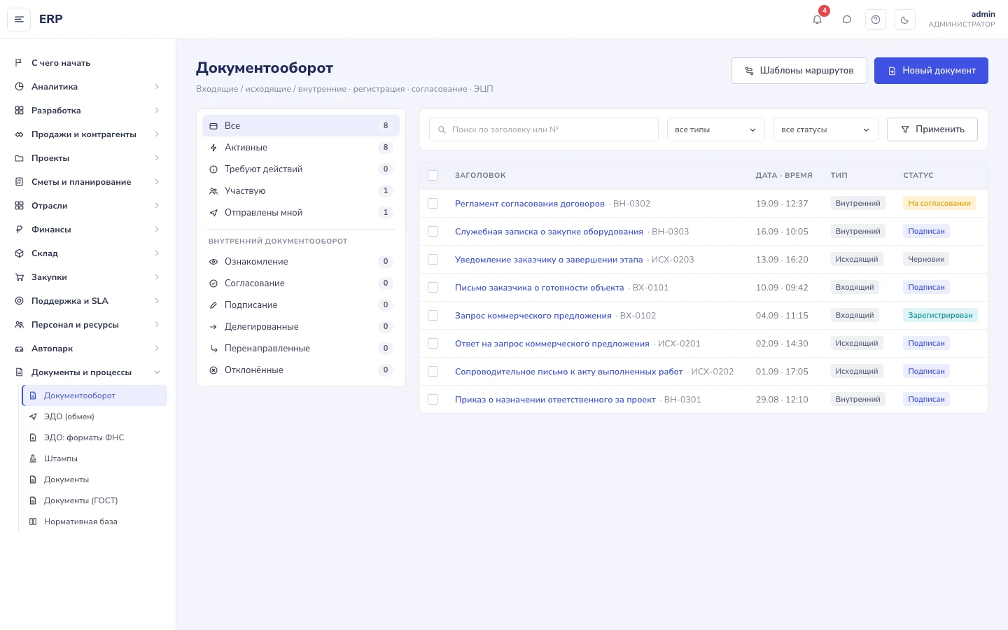 Схема раздела «Документооборот»: папки, фильтры и список документов с типами и статусами